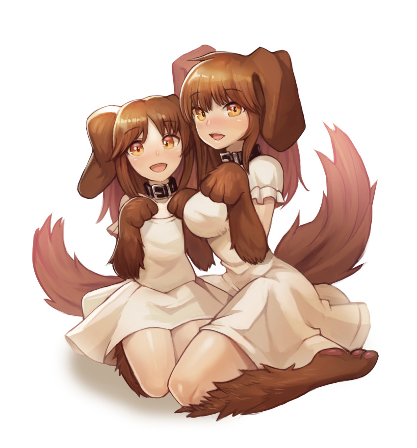 2girls, absurdres, animal_ears, animal_hand, black_collar, blush, breasts, brown_fur