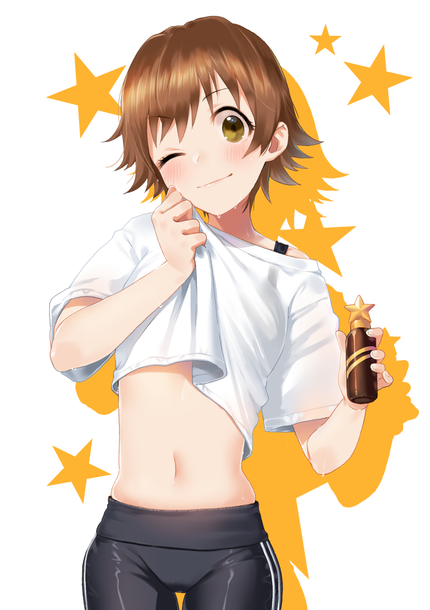 10s, 1girl, blush, brown_eyes, brown_hair, energy_drink, furururu, highres
