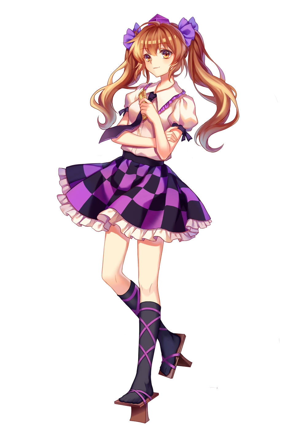 1girl, black_legwear, brown_eyes, brown_hair, cellphone, checkered, checkered_skirt, closed_mouth