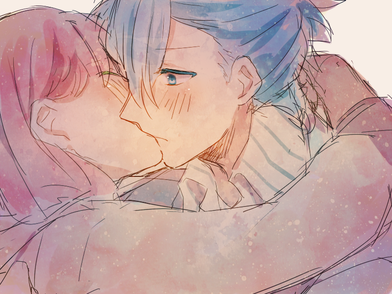 1boy, 1girl, blue_eyes, blue_hair, hetero, kiss, mikaze_ai, nanami_haruka