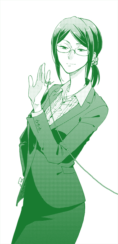 1girl, glasses, green, hand_on_hip, hrt_(fujita_hiro), jewelry, koyanagi_hanako, looking_at_hand