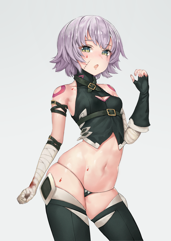 1girl, :o, assassin_of_black, bandaged_arms, bangosu, belt, black_gloves, black_legwear, blood, blood_on_face, breasts, cleavage, cleavage_cutout, fate/apocrypha, fate_(series), fingerless_gloves, gloves, grey_background, lavender_hair, looking_at_viewer, navel, short_hair, simple_background, single_glove, solo