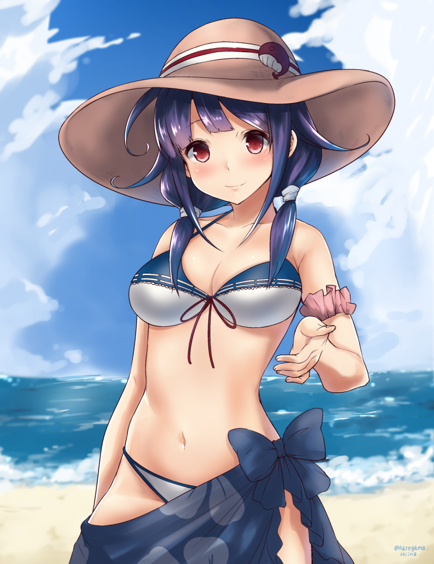 1girl, beach, bikini, blush, breasts, clouds, cloudy_sky, day