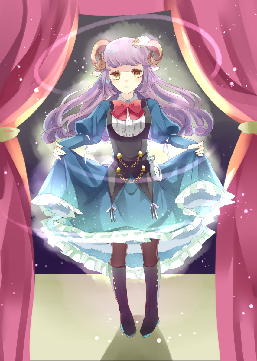 1girl, absurdres, animal_ears, black_boots, black_legwear, boots, bow, bowtie, brown_eyes, curtains, dress, dress_lift, full_body, hair_ornament, highres, horns, inside, long_hair, looking_at_viewer, miracle_nikki, pantyhose, pocket_watch, puffy_sleeves, purple_hair, red_bow, red_bowtie, sheep_ears, sheep_hair_ornament, sheep_horns, siro_asterisk, solo, watch