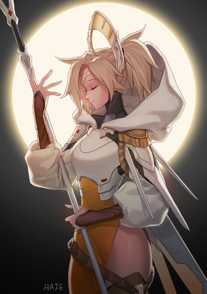 1girl, absurdres, adapted_costume, armor, artist_name, blonde_hair, breastplate, closed_eyes