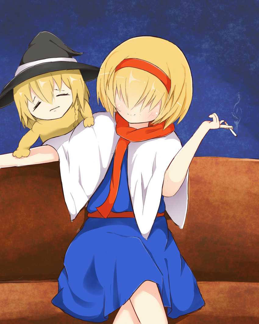 1girl, akabeco, black_hat, blonde_hair, cigarette, cookie_(touhou), faceless, faceless_female