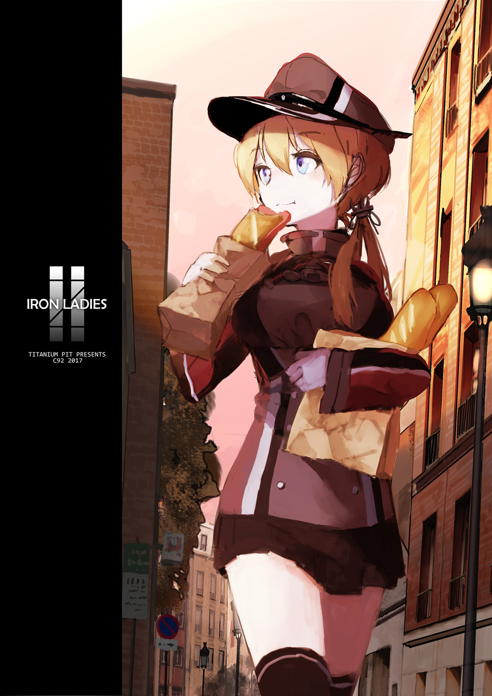 1girl, baguette, black_legwear, black_skirt, blonde_hair, blue_eyes, bread, building