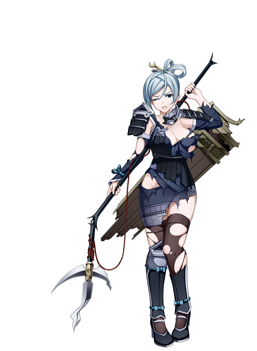 1girl, artist_request, blue_eyes, breasts, broken_spear, cleavage, full_body, gassantoda_(oshiro_project)