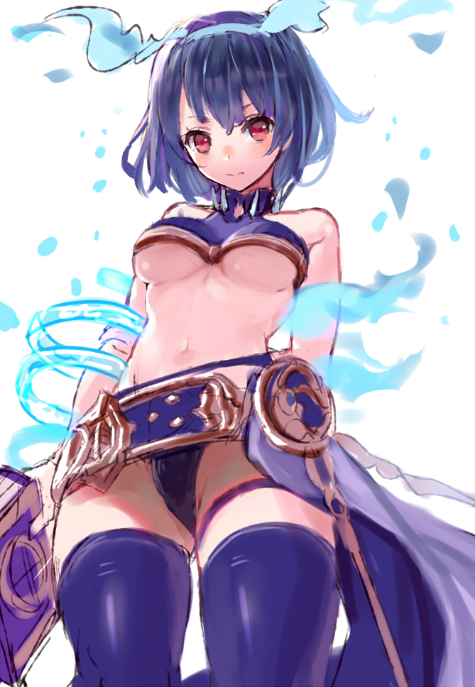 alice_(sinoalice), arms_at_sides, bangs, belt, blue_hair, blue_hairband, blue_legwear, breasts