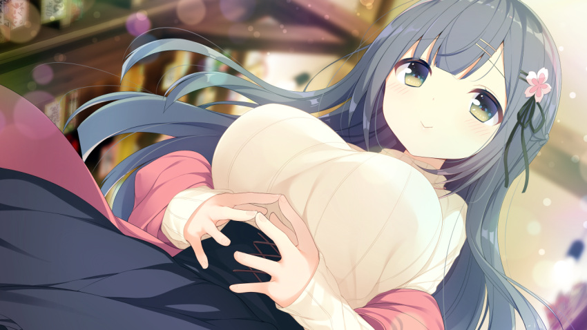 1girl, :>, anata_ni_koi_suru_ren'ai_recette, braid, breasts, cross-laced_clothes, dutch_angle, fingers_together, game_cg, green_eyes, grey_hair, hair_flaps, hair_ornament, hair_ribbon, hairclip, half_updo, kagiyoshi_fuuka, komeshiro_kasu, large_breasts, long_hair, meme_attire, own_hands_together, ribbed_sweater, ribbon, shawl, solo, sweater, turtleneck, underbust, virgin_killer_outfit