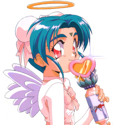 1girl, angel_wings, aqua_hair, choker, double_bun, facial_mark, forehead_mark, halo