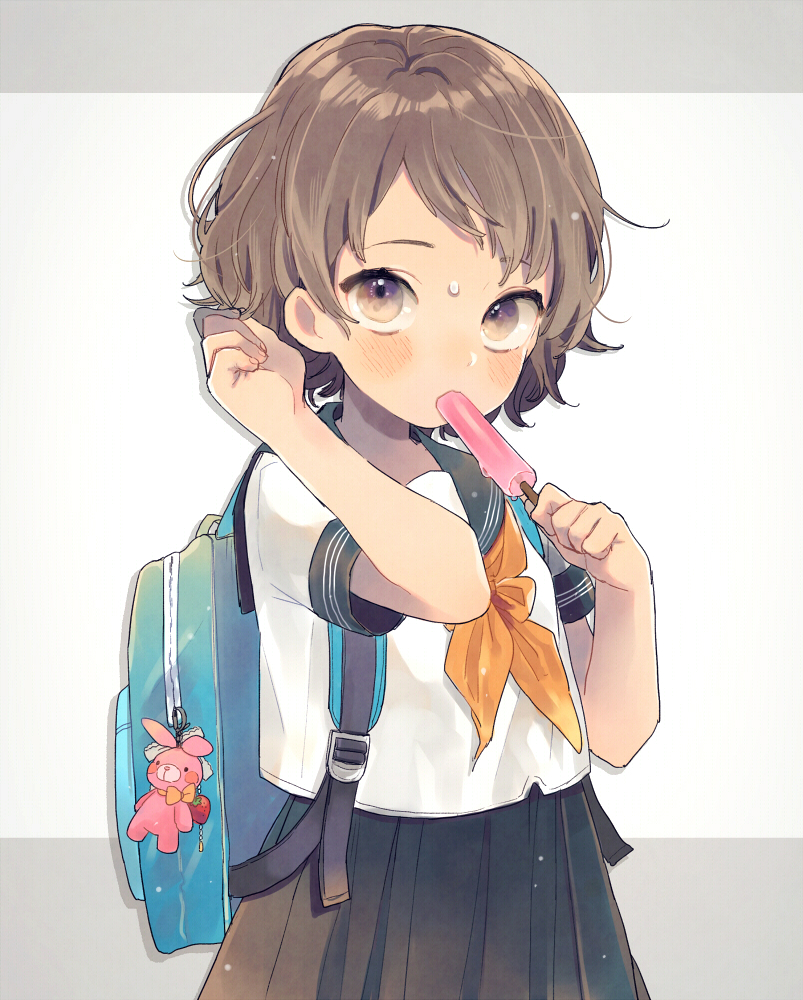 1girl, backpack, bag, bag_charm, blue_skirt, blush, brown_eyes, brown_hair
