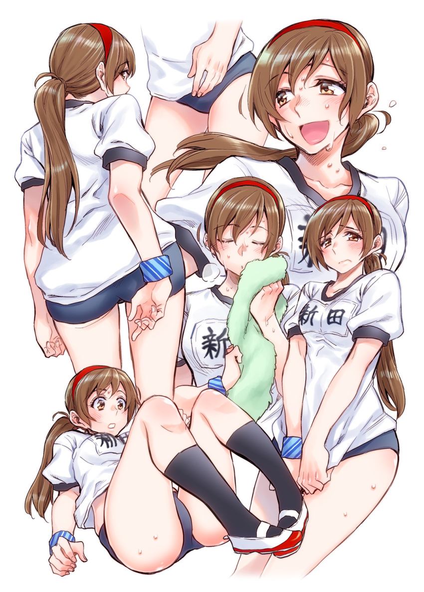 1girl, ass, bracelet, brown_eyes, brown_hair, buruma, closed_eyes, flying_sweatdrops