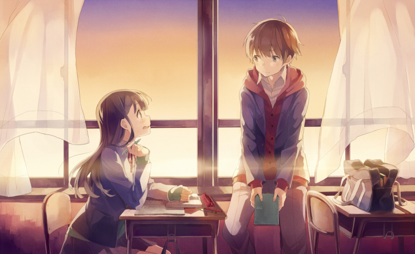 1boy, 1girl, bag, bangs, blazer, blush, book, booota
