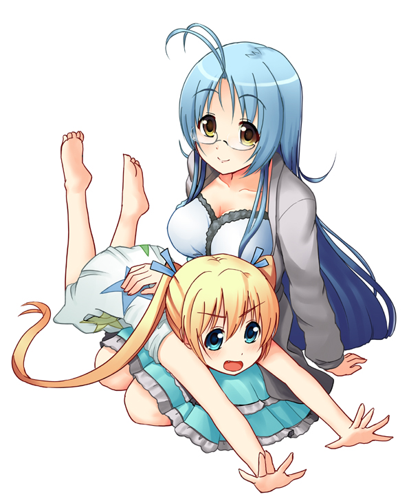 bad_id, barefoot, blonde_hair, blue_eyes, blue_hair, breasts, child, dress, face, feet, garnet_(sumaga), glasses, hands, kakifly, large_breasts, long_hair, mira, mira_(sumaga), sumaga, sweater, twintails, very_long_hair, yellow_eyes