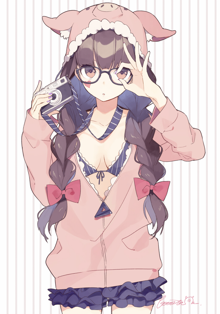 1girl, artist_name, bangs, booota, bow, braid, breasts, brown_eyes, brown_hair, camera, cleavage, cursive, facial_mark, front-tie_bikini, front-tie_top, glasses, hair_bow, hair_over_shoulder, heart, hood, hoodie, jacket, long_hair, looking_at_viewer, medium_breasts, nail_polish, ok_sign, original, peeking_through_fingers, pig_hood, signature, solo, striped, twin_braids, unzipped, vertical-striped_background, vertical_stripes