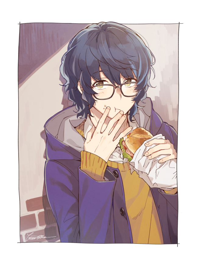 1boy, :t, aoba_tsumugi, artist_name, bangs, black-framed_eyewear, blue_hair, booota, brown_eyes, closed_mouth, coat, eating, ensemble_stars!, eyebrows_visible_through_hair, food, food_on_face, glasses, hands_up, holding, holding_food, looking_at_viewer, male_focus, open_clothes, open_coat, sandwich, signature, solo, sweater, upper_body