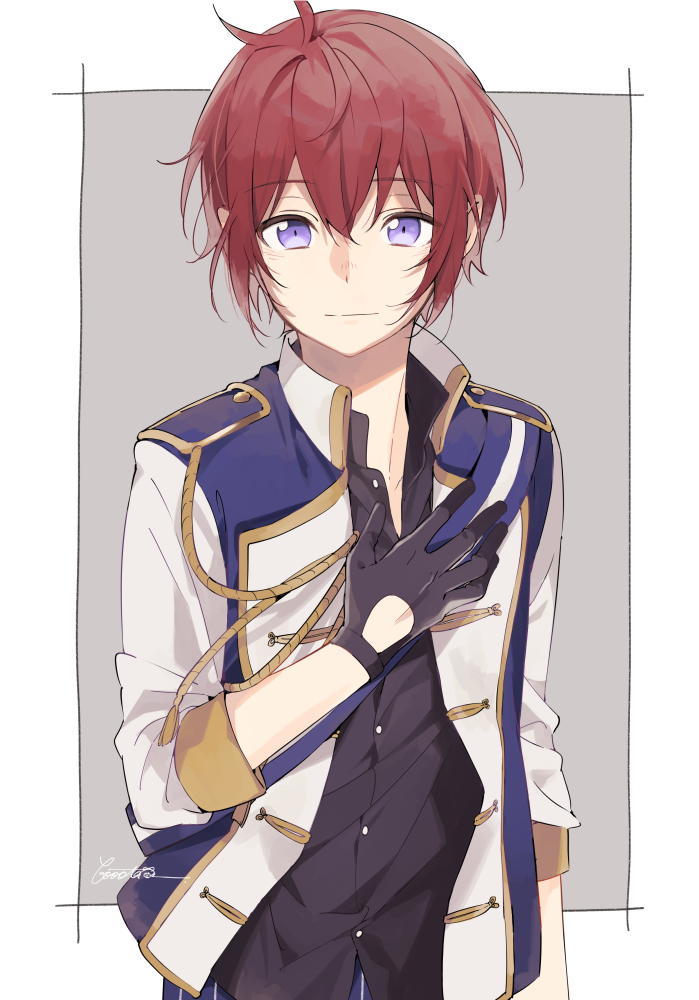 1boy, ahoge, aiguillette, artist_name, bangs, black_gloves, black_shirt, booota