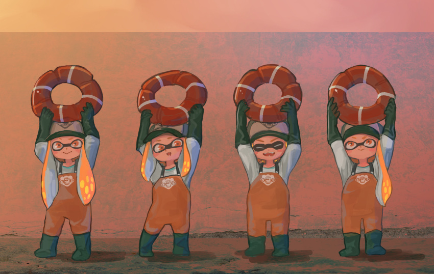1boy, 3girls, arms_up, baseball_cap, boots, closed_mouth, commentary_request, coveralls