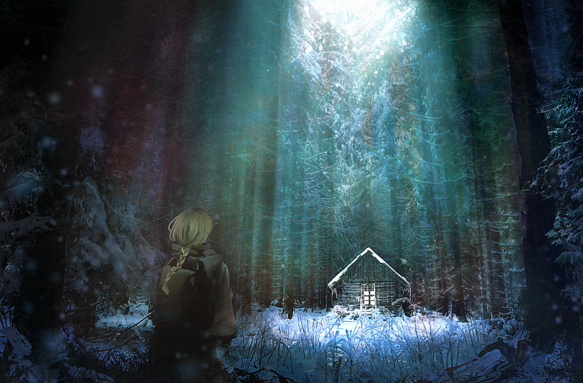androgynous, backpack, bag, bare_tree, blonde_hair, braid, braided_ponytail, brown_coat