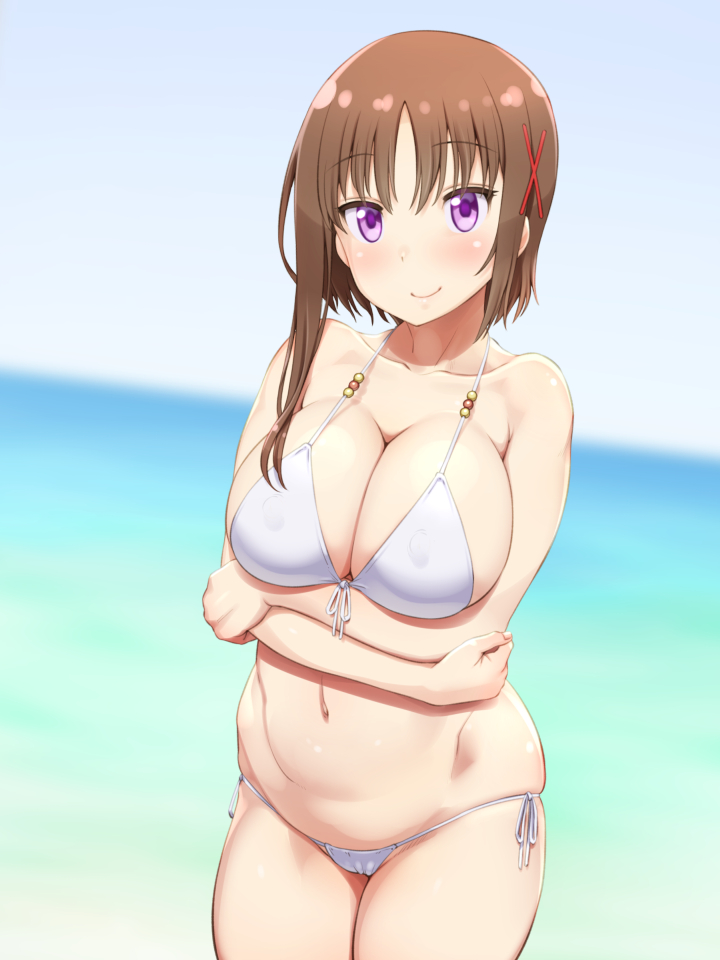 1girl, bikini, breasts, brown_hair, cleavage, covered_nipples, hagino_chiaki, hinako_note