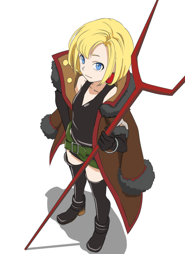 1girl, bare_shoulders, bident, black_boots, black_legwear, black_shirt, blonde_hair, blue_eyes