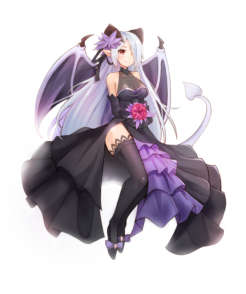 1girl, absurdres, backlighting, bare_shoulders, black_dress, black_gloves, black_legwear, bouquet, breasts, collarbone, demon_girl, demon_horns, demon_tail, demon_wings, dress, elbow_gloves, flower, full_body, gloves, hair_over_one_eye, hair_ribbon, highres, holding, holding_bouquet, horns, ilassa_(elh), lilim_(monster_girl_encyclopedia), long_hair, looking_at_viewer, medium_breasts, monster_girl_encyclopedia, pointy_ears, red_eyes, ribbon, shoes, side_slit, simple_background, smile, solo, sookmo, tail, thigh-highs, very_long_hair, white_background, white_hair, wings
