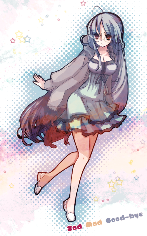 bad_id, blue_hair, breasts, dress, garnet_(sumaga), glasses, large_breasts, long_hair