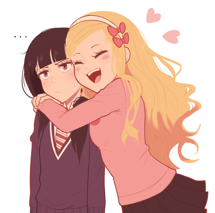 2girls, bangs, black_hair, blonde_hair, blunt_bangs, blush_stickers, bow, carol_olston