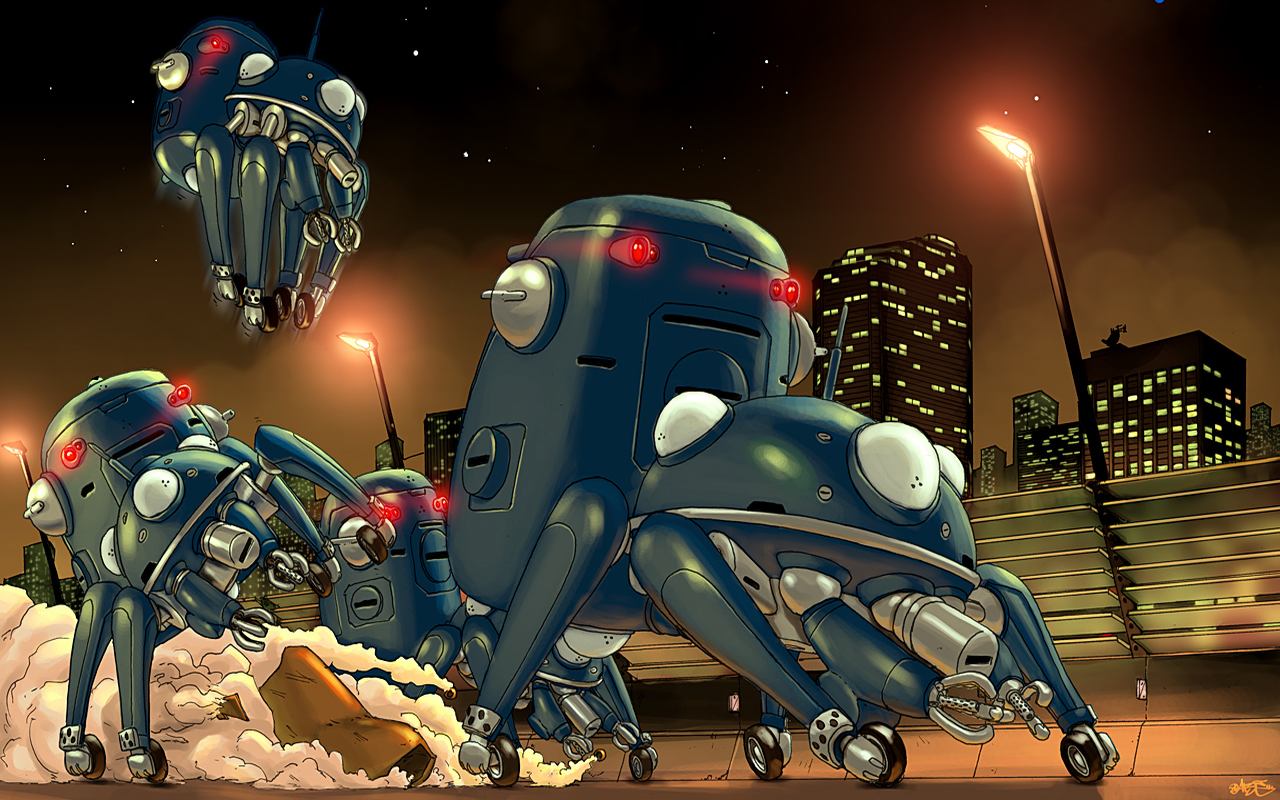 1280x800, fight, ghost_in_the_shell, race, skyline, tachikoma, tagme, tank