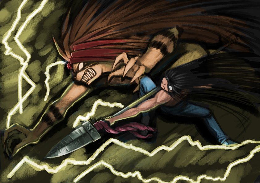 1boy, aotsuki_ushio, black_hair, blue_pants, claws, commentary_request, demon, holding