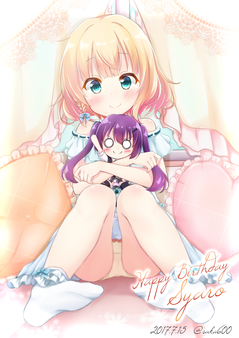 1girl, bangs, bare_shoulders, blonde_hair, blue_bow, blunt_bangs, blush, bobby_socks