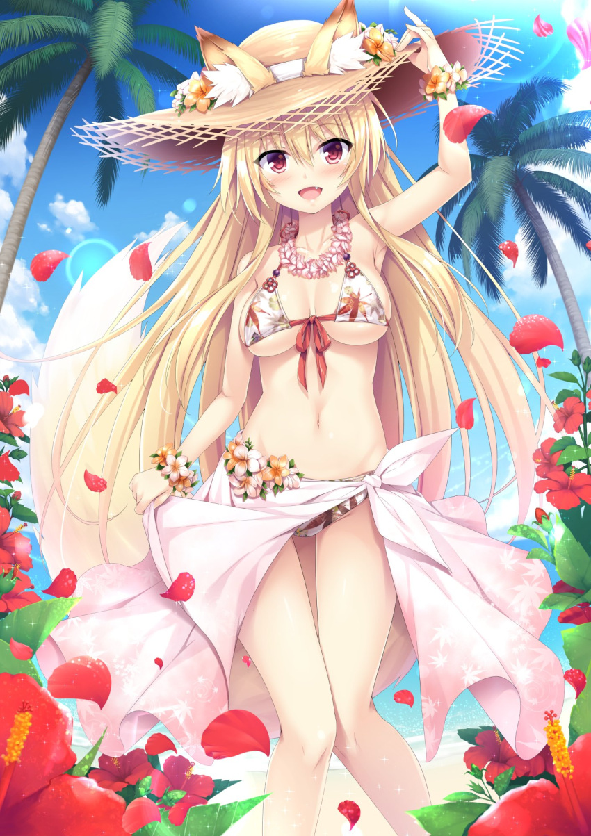 1girl, :d, akizora_momidi, ankle_flower, arm_up, armpits, bare_shoulders, beach, bikini, blonde_hair, blue_sky, blush, breasts, breasts_apart, clouds, commentary_request, day, ears_through_headwear, eyebrows_visible_through_hair, fang, flower, fox_tail, hand_on_headwear, hat, hat_flower, hibiscus, highres, horizon, knees_together_feet_apart, kokutou_(kazuakifca), leaf_print, lens_flare, long_hair, maple_leaf_print, medium_breasts, navel, ocean, open_mouth, original, outdoors, palm_tree, petals, print_bikini, red_eyes, sand, sandals, sarong, sky, smile, solo, sparkle, straw_hat, summer, sun_hat, sunlight, swimsuit, tail, thigh_gap, tree, very_long_hair, water, wrist_flower