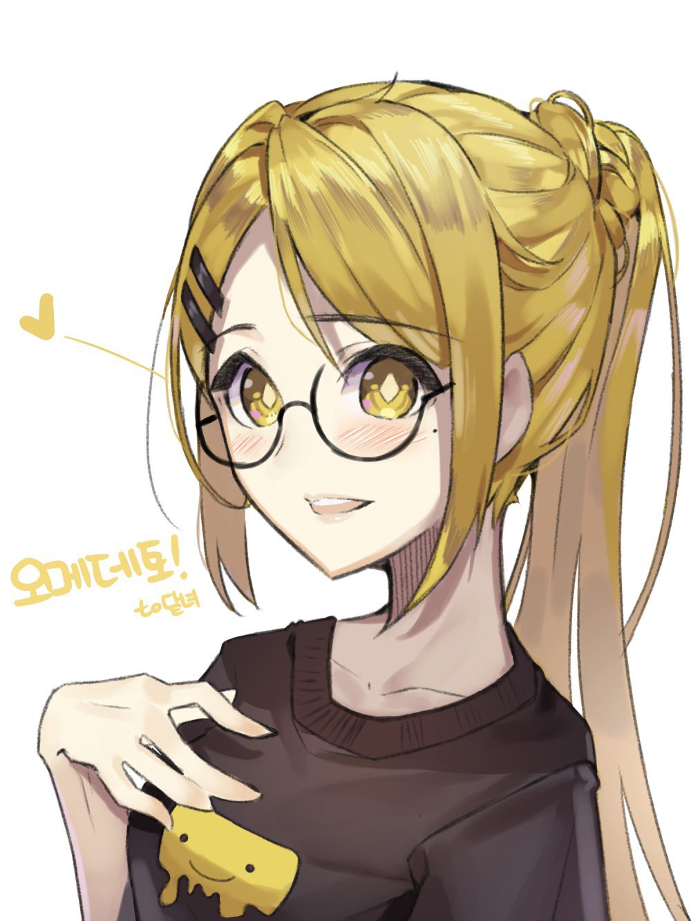 1girl, blonde_hair, blush, collarbone, eyebrows_visible_through_hair, glasses, hair_ornament, hairclip