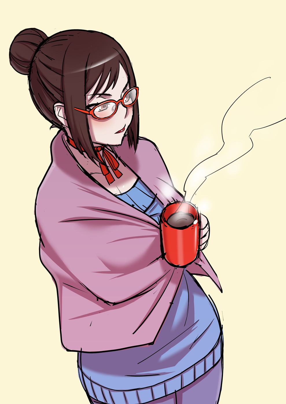 1girl, brown_eyes, brown_hair, choker, coffee, coffee_mug, commentary, genka_kunahito, glasses, hair_bun, highres, kjech, lipstick, makeup, shawl, solo, steam, sweater, yandere_simulator