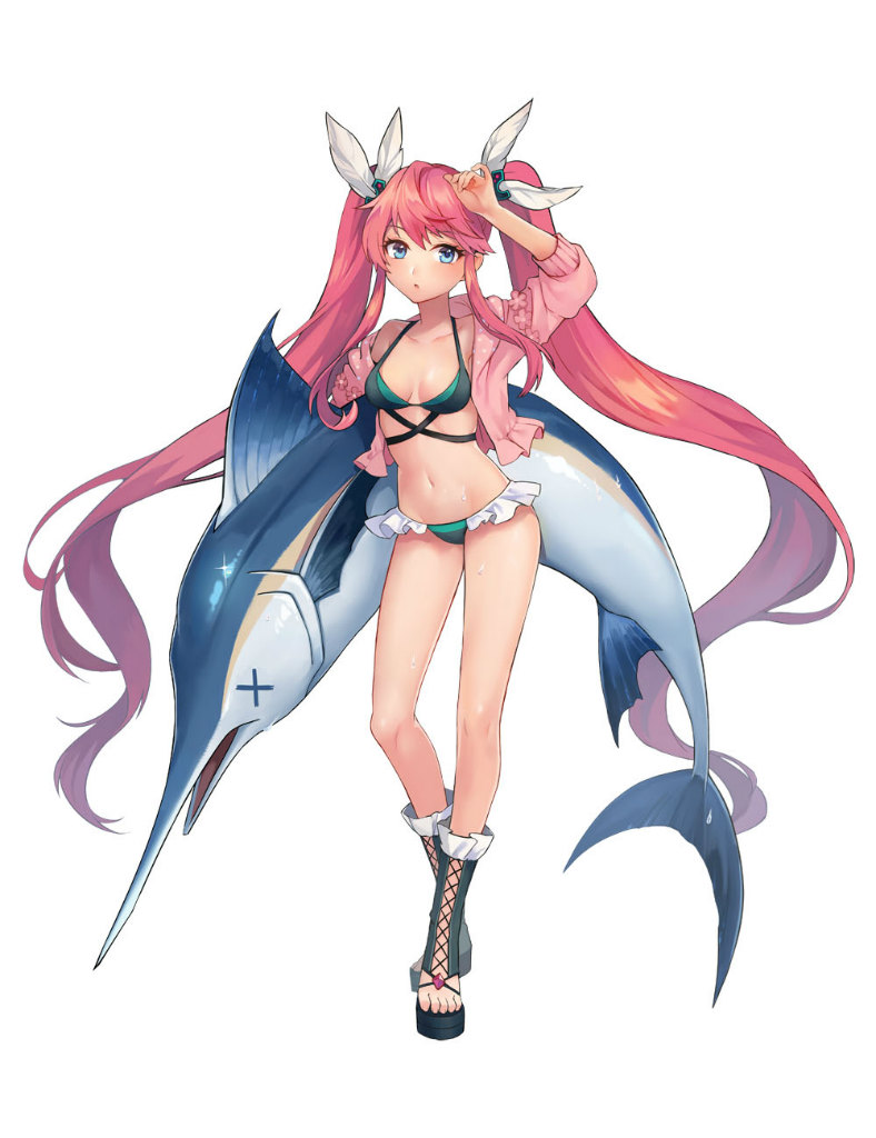 1girl, bangs, bikini, blue_eyes, breasts, collarbone, eyebrows_visible_through_hair, feathers