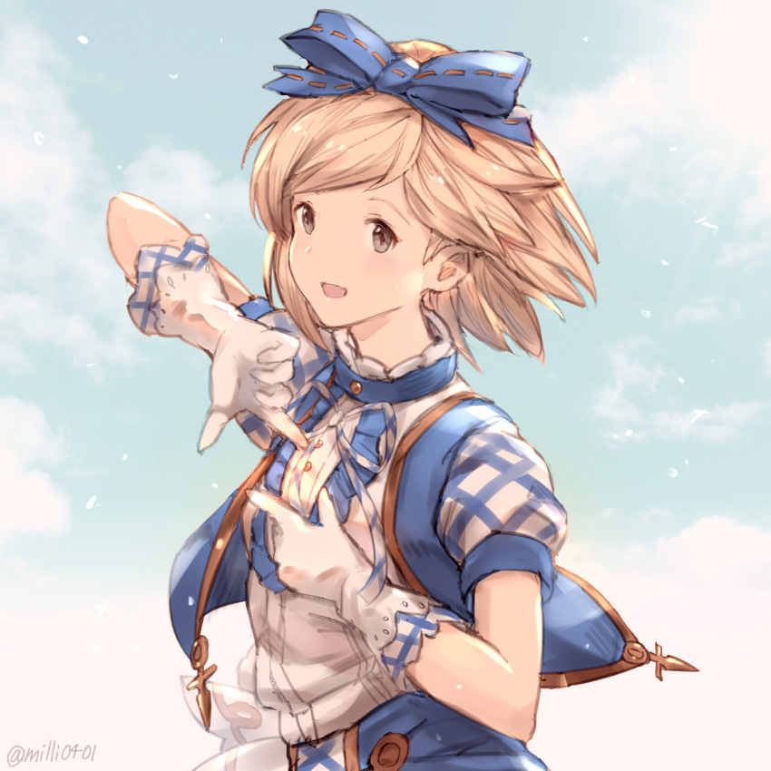 1girl, blonde_hair, blue_bow, blush, bow, brown_eyes, djeeta_(granblue_fantasy), gloves