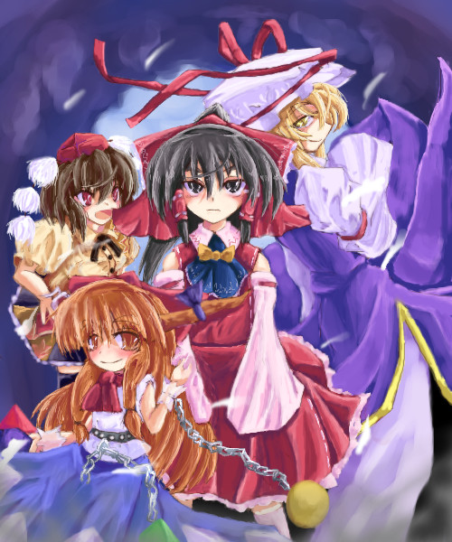 hakurei_reimu, ibuki_suika, shameimaru_aya, tnp, touhou, yakumo_yukari