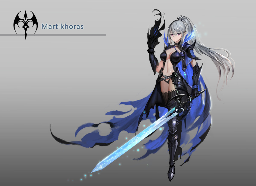 1girl, absurdres, armor, black_legwear, breasts, cleavage, closed_mouth, eyebrows_visible_through_hair, highres, holding, holding_sword, holding_weapon, kirbyheimi, large_breasts, long_hair, looking_at_viewer, navel, original, pixiv_fantasia_revenge_of_the_darkness, ponytail, silver_hair, solo, sword, thigh-highs, violet_eyes, weapon
