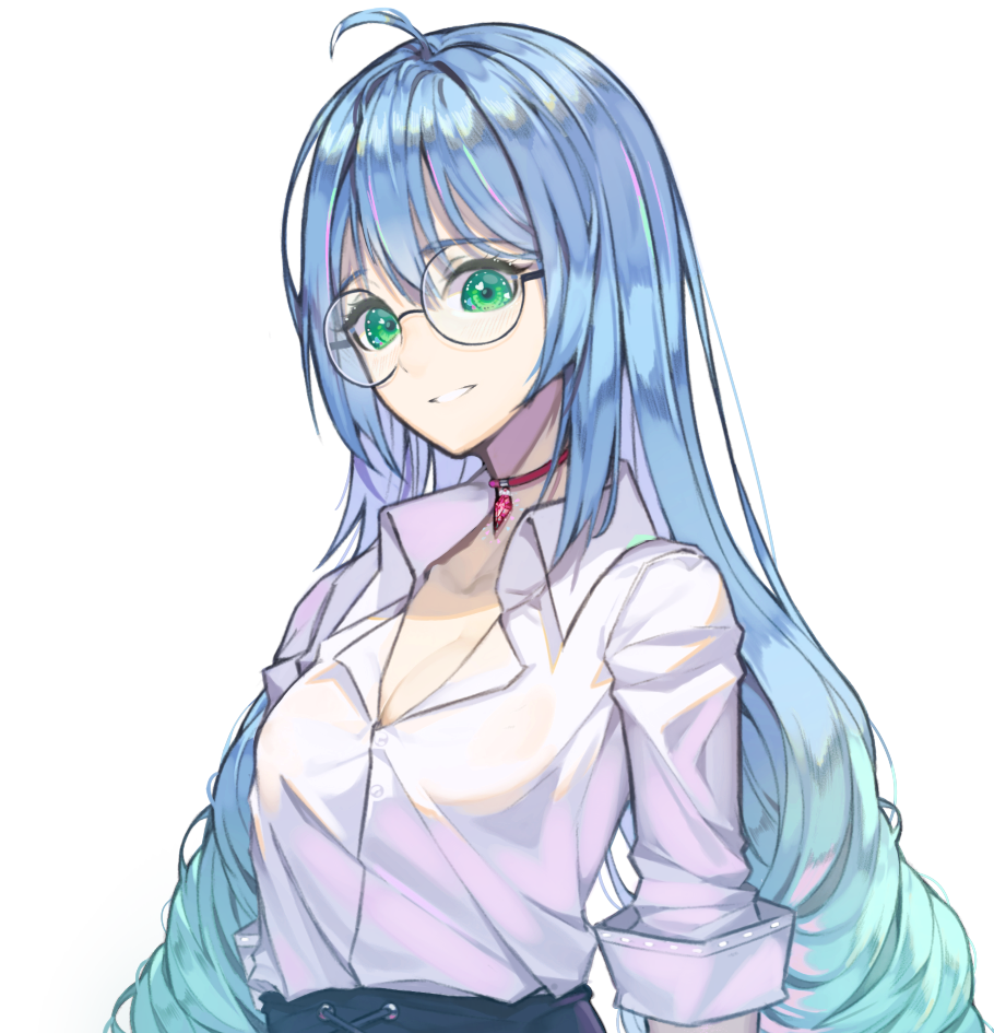 1girl, ahoge, aqua_hair, blue_hair, blush, breasts, cleavage, eyebrows_visible_through_hair
