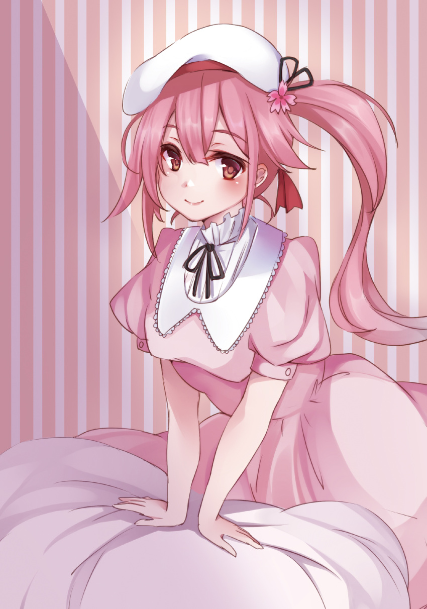 1girl, alternate_costume, bed_sheet, beret, casual, contemporary, dress, harusame_(kantai_collection)