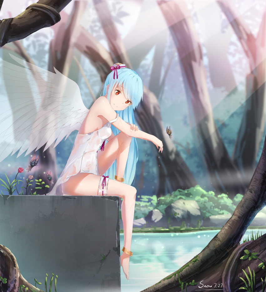 1girl, absurdres, angel_wings, anklet, artist_name, bare_shoulders, blue_hair, breasts
