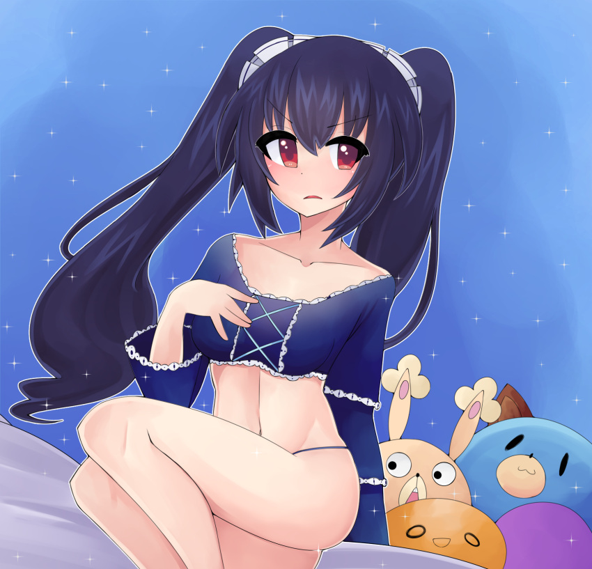 1girl, bed, black_hair, blush, breasts, choujigen_game_neptune, cleavage, collarbone, dogoo, highres, kami_jigen_game_neptune_v, lingerie, long_hair, looking_back, mahruru, midriff, navel, neptune_(series), noire, on_bed, shiny, shiny_hair, shiny_skin, sitting, stomach, tied_hair, twintails, underwear