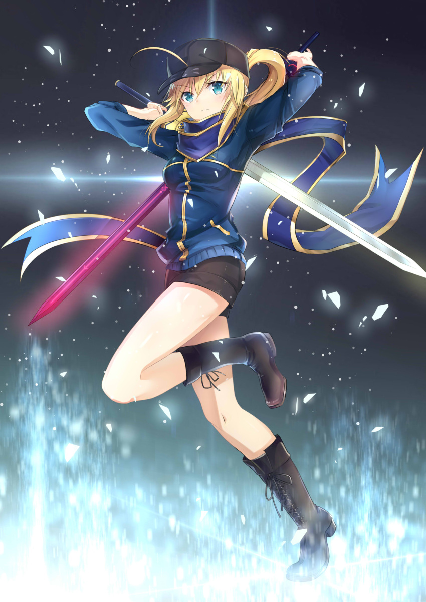 1girl, absurdres, ahoge, arms_up, aura, bangs, baseball_cap, black_background, black_boots, black_hat, black_shorts, blonde_hair, blue_eyes, blue_jacket, blue_scarf, boots, closed_mouth, cross-laced_footwear, diffraction_spikes, dual_wielding, eyebrows_visible_through_hair, fate/grand_order, fate_(series), full_body, glowing, glowing_floor, glowing_sword, glowing_weapon, hair_between_eyes, hat, heroine_x, highres, himitsucalibur, jacket, knee_boots, lace-up_boots, light_particles, long_hair, long_sleeves, looking_at_viewer, one_leg_raised, ponytail, saber, scarf, serious, shorts, sidelocks, solo, standing, standing_on_one_leg, taro_(ultrataro), track_jacket, weapon