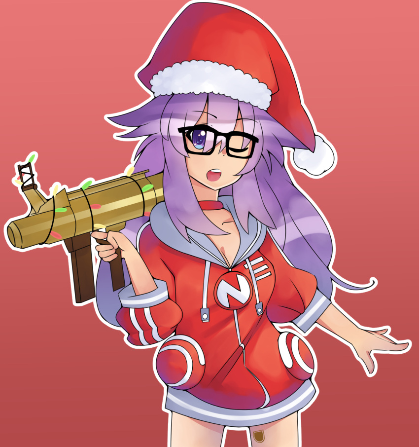 1girl, adult_neptune, blush, bow, breasts, choker, choujigen_game_neptune, christmas, cleavage, collar, collarbone, d-pad, hair_bow, hair_ornament, hat, highres, holding, holding_weapon, hood, hooded_track_jacket, hoodie, jacket, long_hair, long_sleeves, looking_at_viewer, mahruru, medium_breasts, neptune_(series), no_bra, one_eye_closed, open_clothes, open_mouth, pink_hair, santa_costume, santa_hat, shin_jigen_game_neptune_vii, smile, solo, solo_focus, star, team_fortress_2, thigh_strap, track_jacket, usb, violet_eyes, weapon