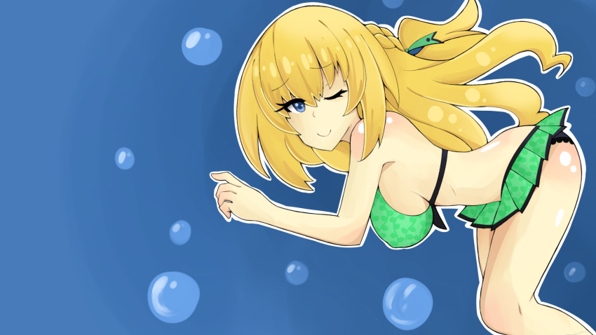 1girl, ass, bikini, blonde_hair, blue_eyes, blush, braid, breasts