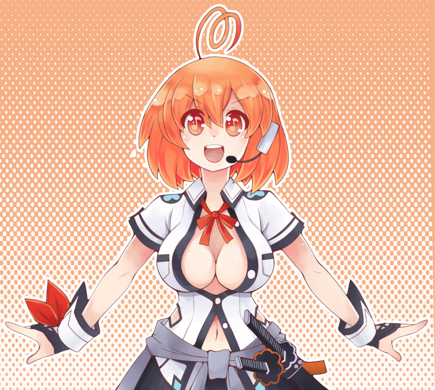 1girl, ahoge, blush, breasts, choujigen_game_neptune, choujigen_game_neptune_mk2, cleavage, cowboy_shot