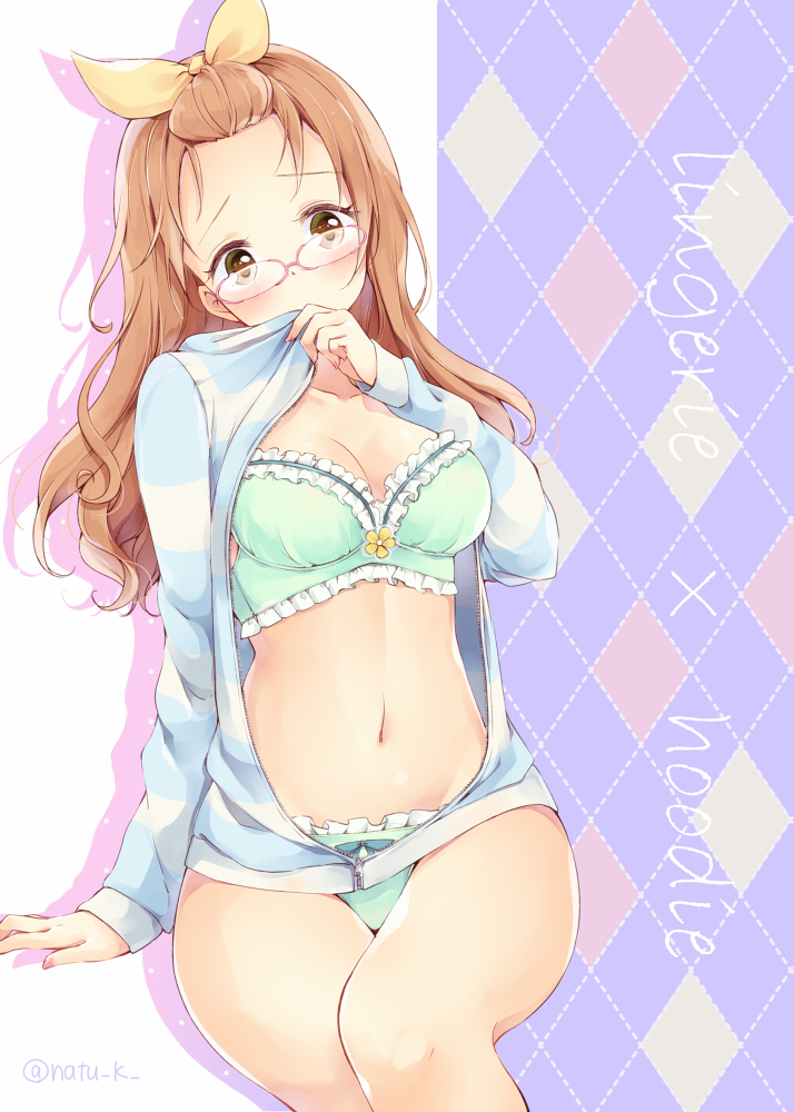 1girl, argyle, argyle_background, bangs_pinned_back, blush, bra, breasts, brown_eyes