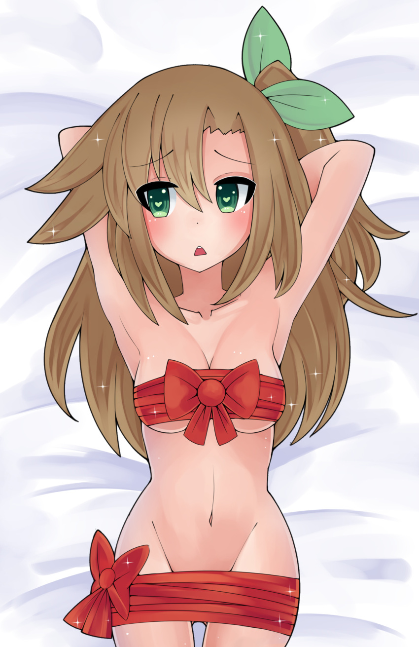 1girl, arms_up, asymmetrical_hair, bed, breast_press, breasts, brown_hair, choujigen_game_neptune
