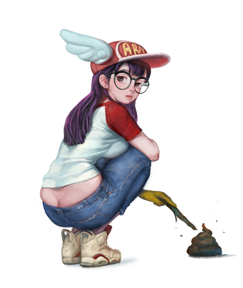 1girl, absurdres, ass, baseball_cap, black-framed_eyewear, blue_eyes, breasts, butt_crack